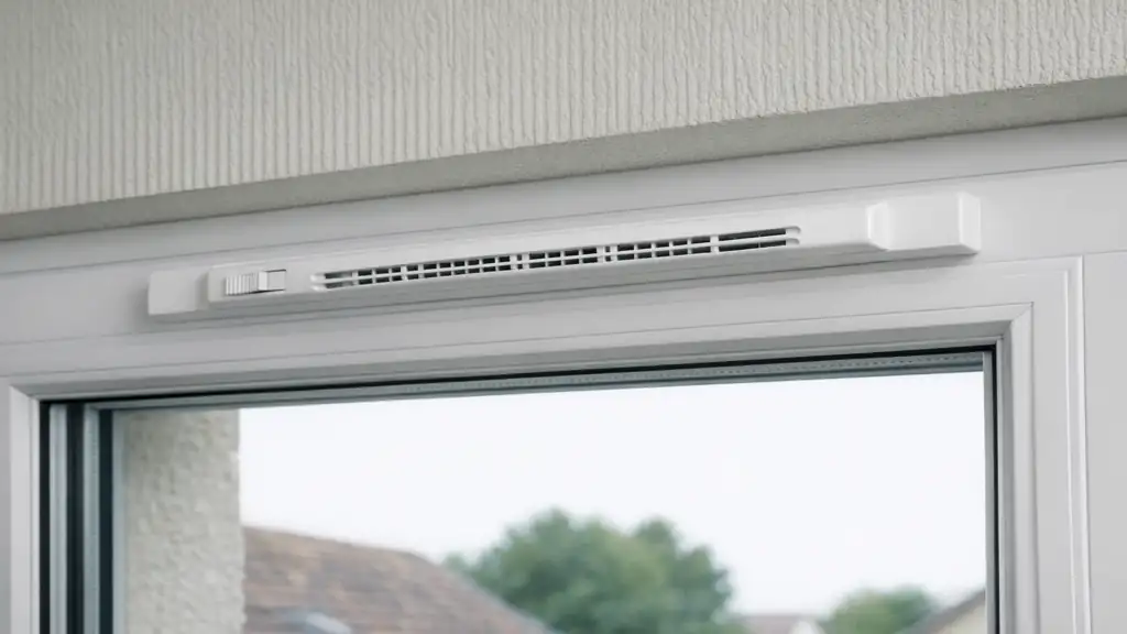 aeration de fenetre pvc avec entree d air integree en partie haute pour ventilation d un logement équipé d une vmc