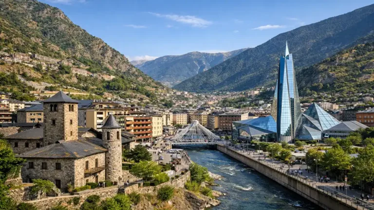 Vue réaliste d’Andorra la Vella avec le centre historique en pierre, la rivière Valira, le complexe Caldea et les montagnes des Pyrénées en arrière-plan