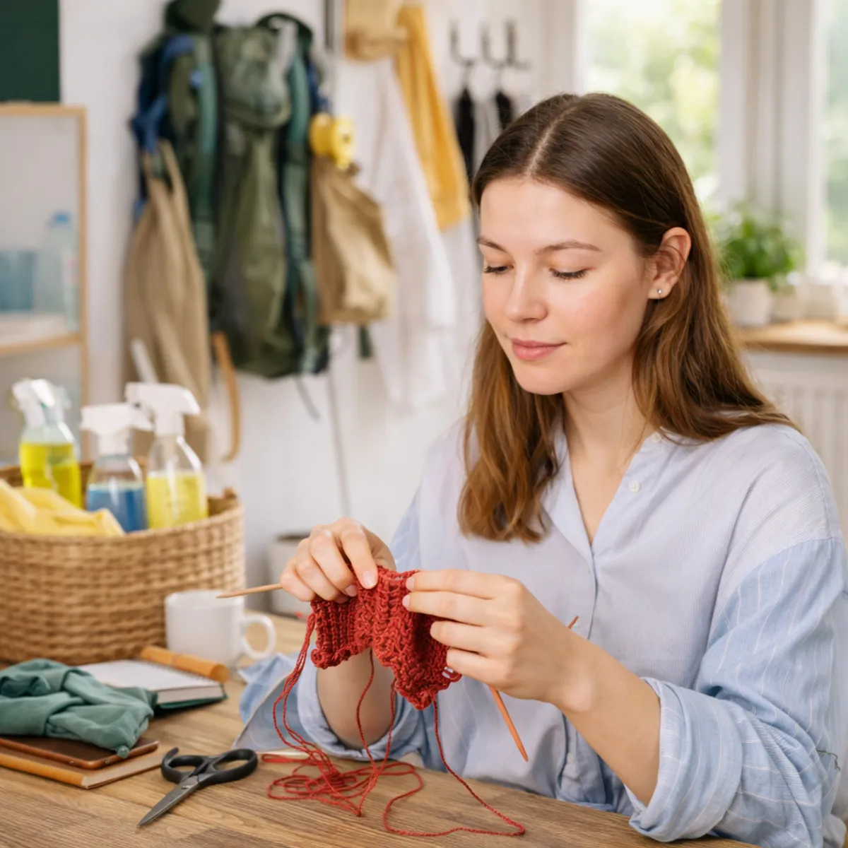 Portrait d’une femme dans une maison lumineuse préparant du matériel et organisant son espace avant une sortie randonnée, illustrant l’équilibre entre maison et nature.