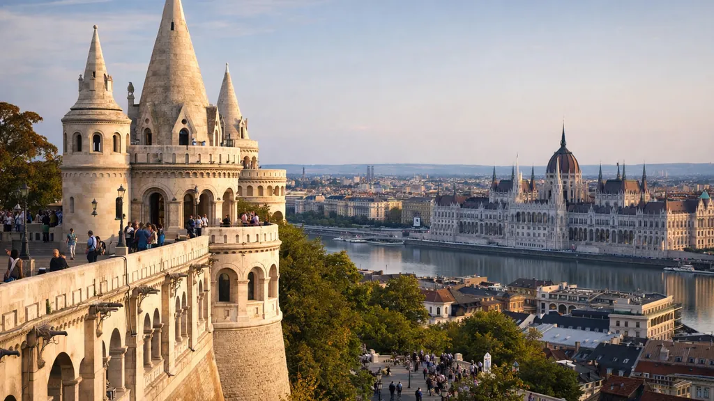 Vue réaliste du bastion des pêcheurs à Budapest avec ses tours blanches, le Danube et le Parlement hongrois en arrière-plan