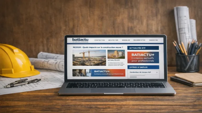 Ordinateur affichant le site Batiactu sur un bureau avec casque de chantier, plans et fournitures de bureau dans un environnement lié au secteur du BTP