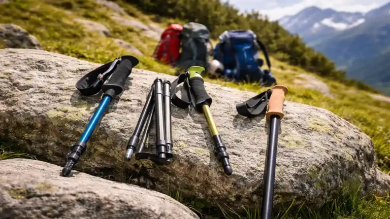 bâtons de randonnée télescopiques et pliables posés sur un rocher en montagne avec sacs à dos et paysage alpin en arrière-plan