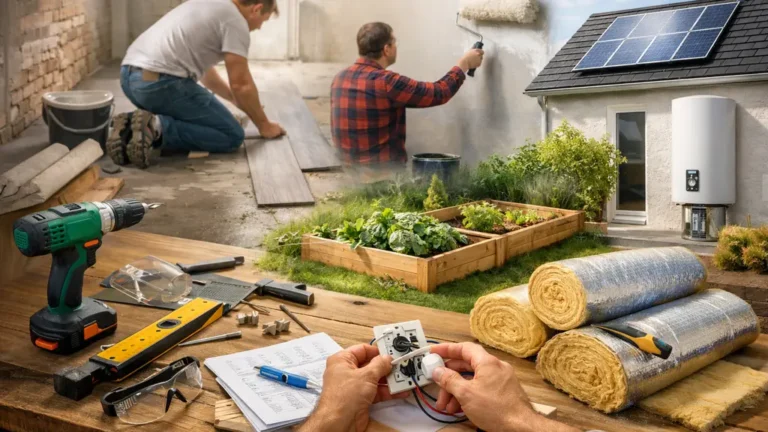 Portail éditorial de bricolage à domicile avec outils, rénovation intérieure, isolation, énergie et jardinage dans un univers réaliste et pédagogique