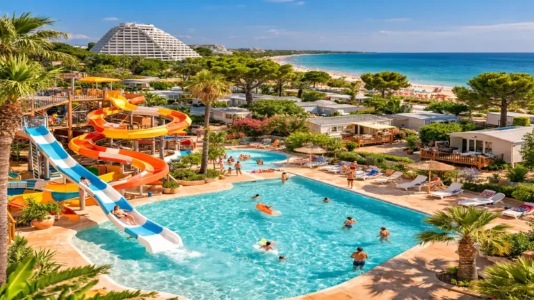 camping la grande motte avec parc aquatique piscine toboggans mobil homes proche plage mediterranee ambiance familiale estivale
