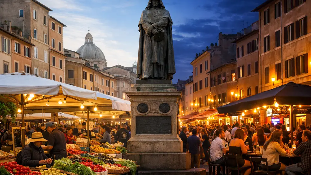 Vue réaliste de Campo de' Fiori à Rome avec le marché en plein air, la statue de Giordano Bruno et l’ambiance animée de la place historique