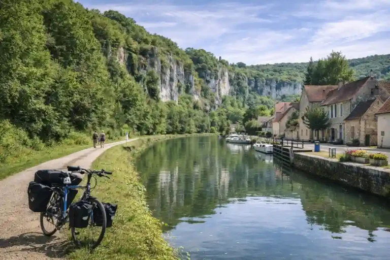 Canal du Nivernais en Bourgogne avec chemin de halage, vélo de voyage chargé de sacoches et falaises calcaires au bord de l’eau près d’un village.