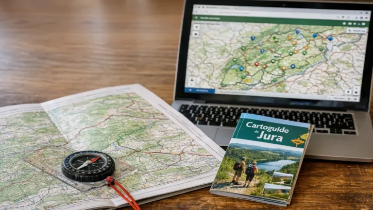 Cartes de randonnée du Jura avec boussole, guide papier et carte numérique pour préparer un itinéraire dans le massif jurassien