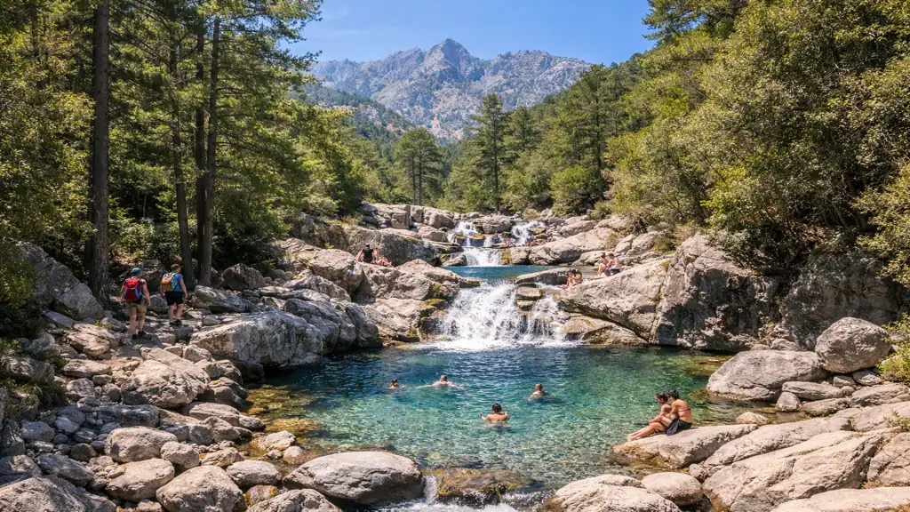 cascade des anglais en corse avec vasques naturelles eau claire randonneurs et forêt de vizzavona en montagne