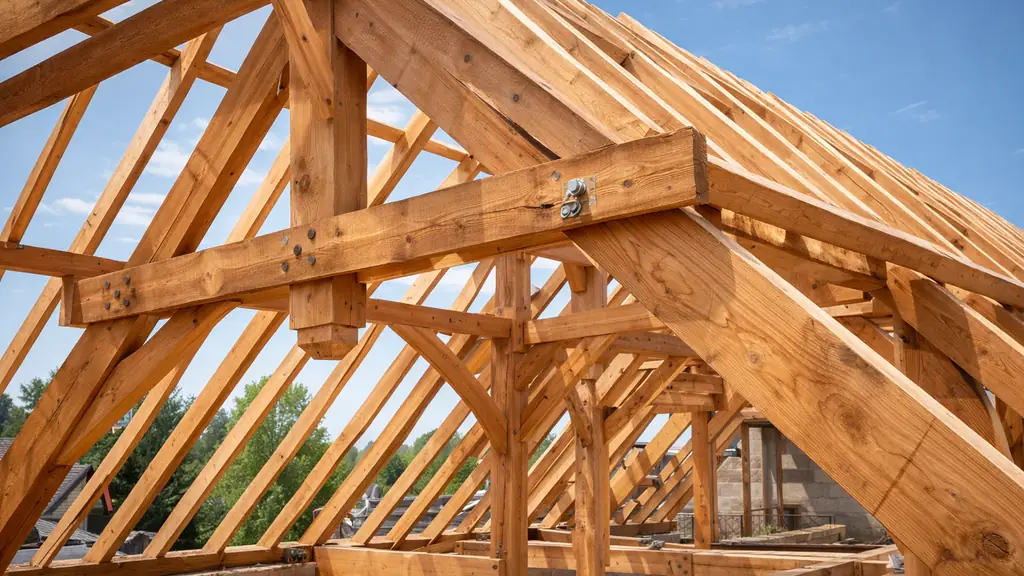 Charpente traditionnelle en bois massif en cours de construction avec fermes, pannes et chevrons apparents