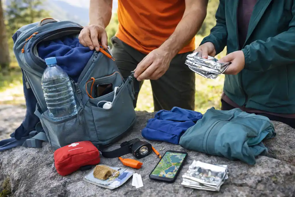 Préparation d’un sac de randonnée à la journée avec gourde, trousse de secours, veste chaude et matériel de sécurité disposés sur un rocher en montagne