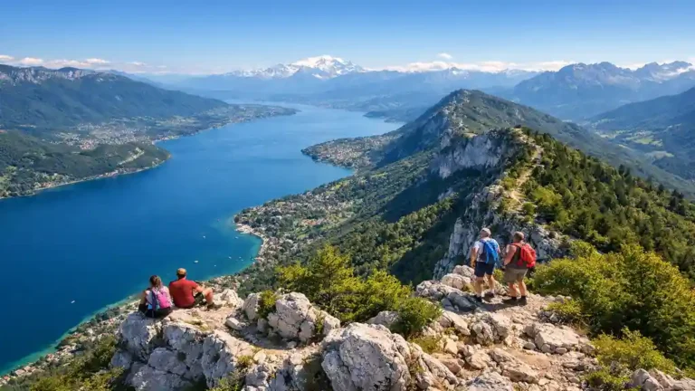 Panorama du lac d’Annecy depuis les crêtes du Mont Veyrier, sentier rocheux et montagnes alpines en arrière-plan.