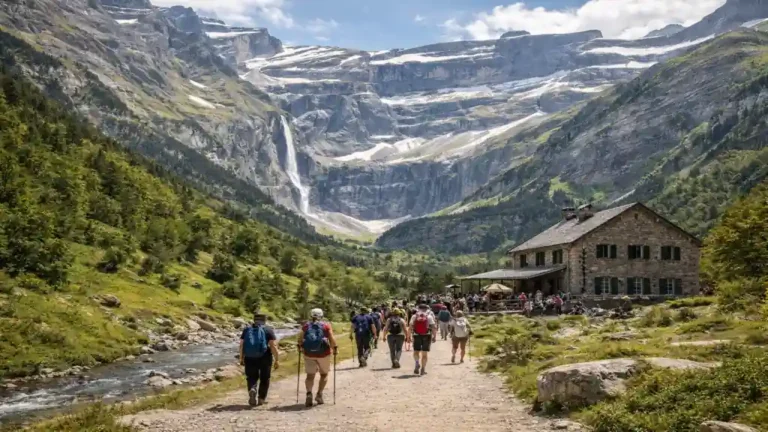randonneurs marchant sur le chemin du cirque de Gavarnie face à la grande cascade et aux falaises des Pyrénées