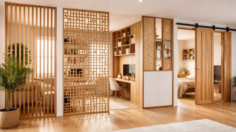 Cloison en bois intérieure moderne avec séparation ajourée en tasseaux dans un salon lumineux
