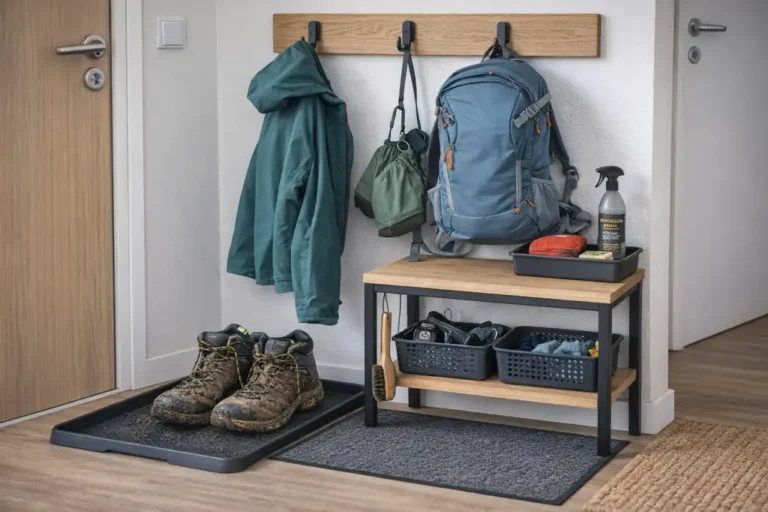 Coin retour randonnée dans une entrée avec chaussures de marche boueuses sur un bac, sac à dos et veste suspendus à des patères pour faire sécher l’équipement.