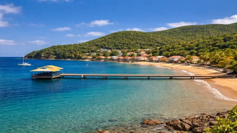 Vue panoramique de Deshaies en Guadeloupe avec plage tropicale, eau turquoise, ponton sur la baie et village bordé de végétation luxuriante