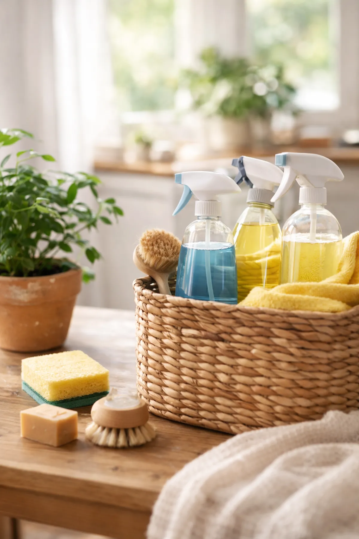 Produits et accessoires de nettoyage naturels posés sur une table en bois dans une maison lumineuse avec plantes, illustrant l’entretien simple et efficace de la maison.