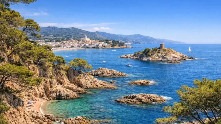 Vue réaliste de la Costa Brava avec crique rocheuse, eau turquoise, village côtier catalan et pins méditerranéens en surplomb