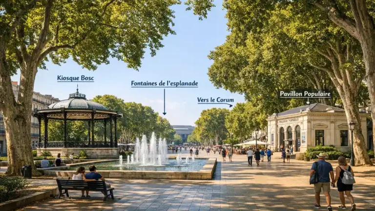 Vue réaliste de l’esplanade Charles-de-Gaulle à Montpellier avec allée piétonne ombragée, kiosque, fontaines et promenade animée au cœur du centre-ville