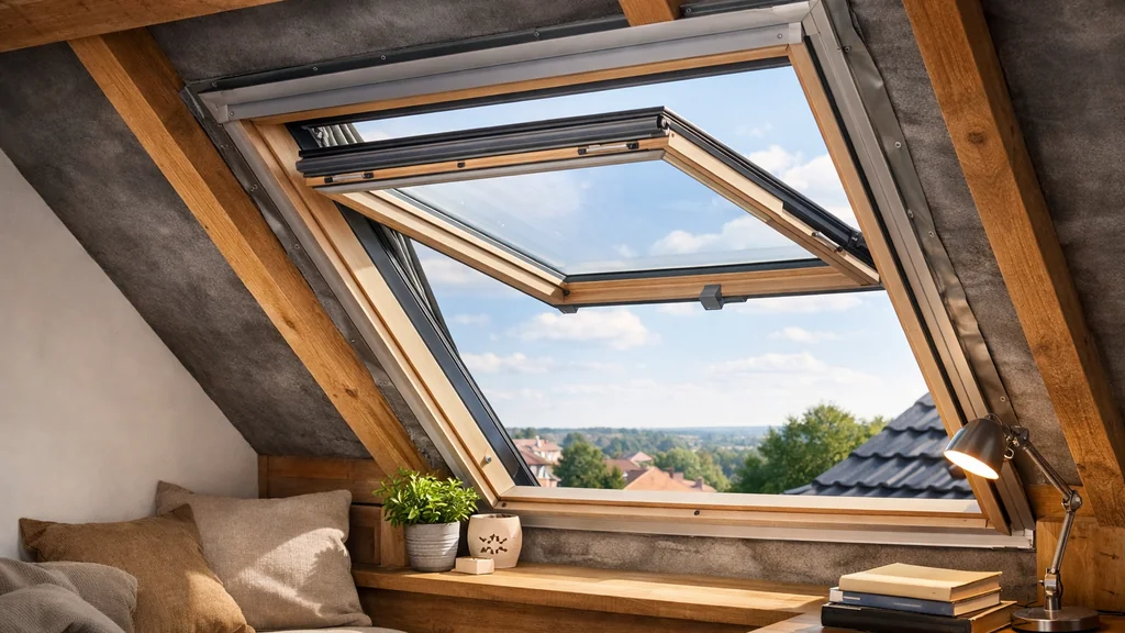 Fenêtre de toit ouverte dans des combles aménagés lumineux avec châssis bois, vue extérieure et ambiance chaleureuse sous pente