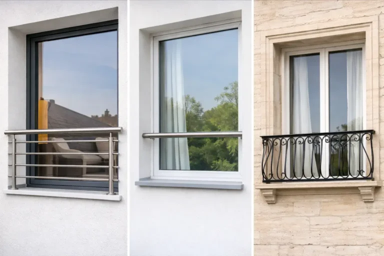 Vue réaliste de trois types de protection de fenêtre avec garde-corps, barre d’appui et balconnet sur façade résidentielle