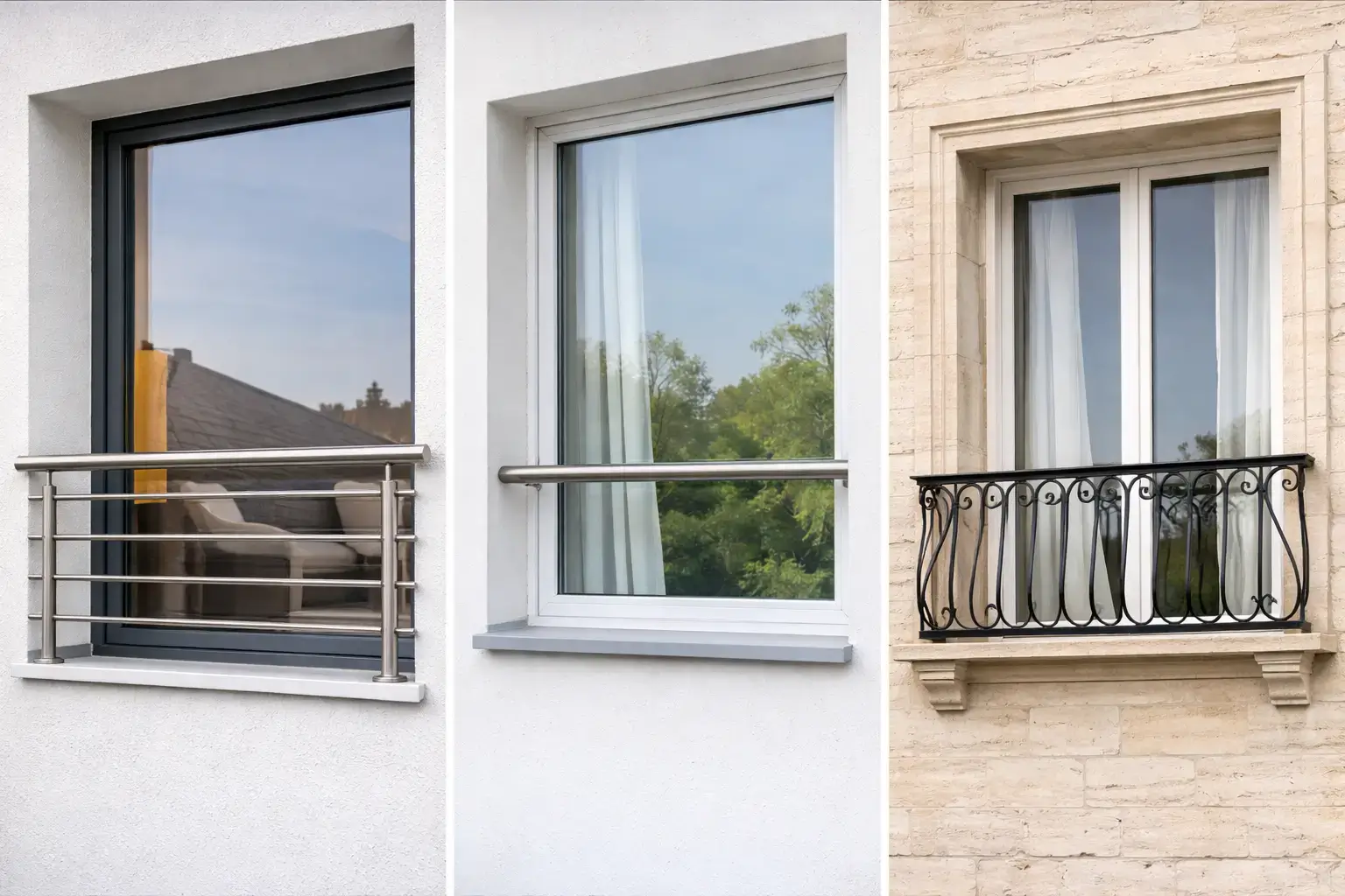 Vue réaliste de trois types de protection de fenêtre avec garde-corps, barre d’appui et balconnet sur façade résidentielle