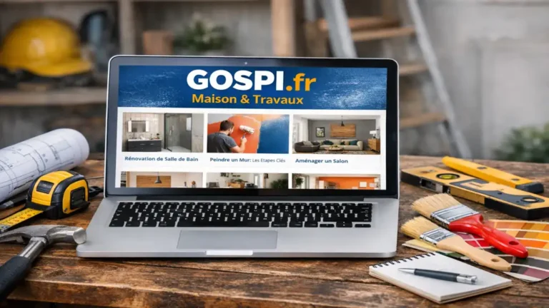 ordinateur portable affichant un site maison et travaux avec outils de bricolage plans et échantillons sur un établi en bois