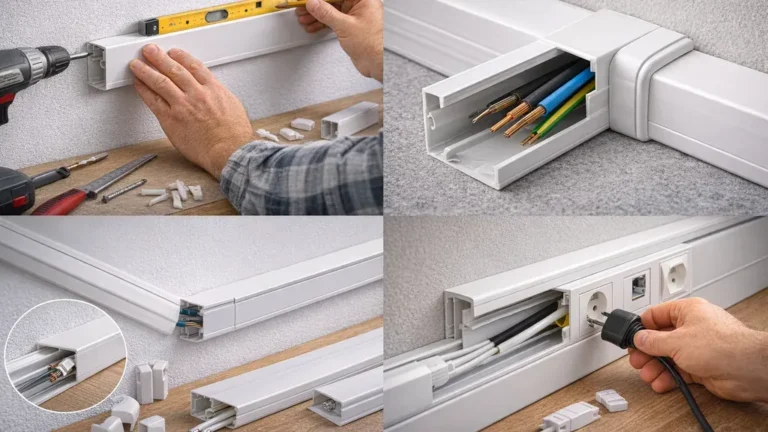 Pose d’une goulotte électrique apparente en PVC blanc avec câbles, angles et prises intégrées dans un intérieur rénové