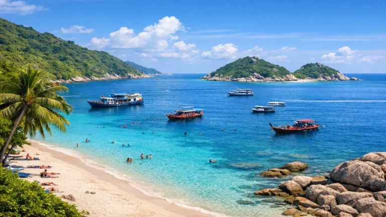 Vue tropicale de Ko Tao en Thaïlande avec plage de sable blanc, eau turquoise, bateaux et îlots verdoyants au large