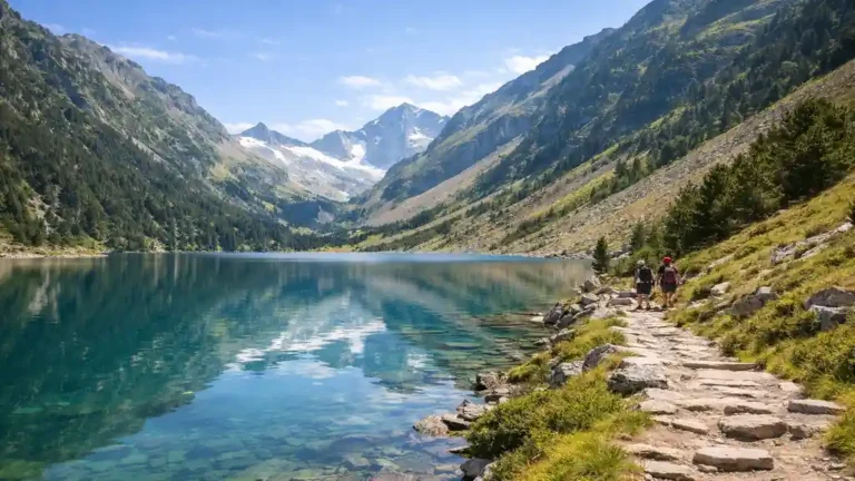Lac de Gaube dans les Pyrénées, eau turquoise au pied du Vignemale avec sentier de randonnée en bord de rive.