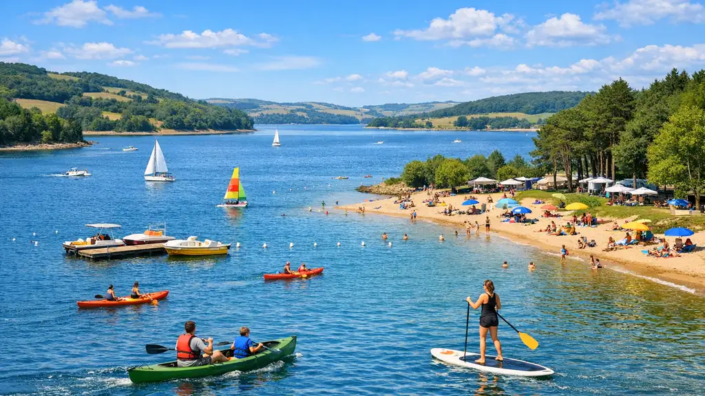 Vue réaliste du lac de Pareloup en Aveyron avec plage aménagée, activités nautiques, eau bleue et collines du Lévézou en arrière-plan