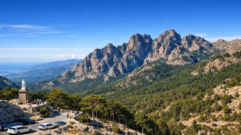 Vue panoramique des aiguilles de Bavella en Corse avec pics granitiques, forêt de pins laricio et col de montagne en arrière-plan