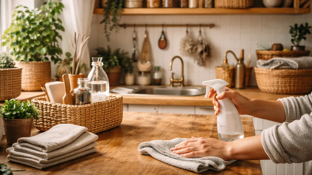 Cuisine lumineuse en cours de nettoyage, main essuyant un plan de travail en bois avec produits ménagers, ambiance maison organisée et chaleureuse.