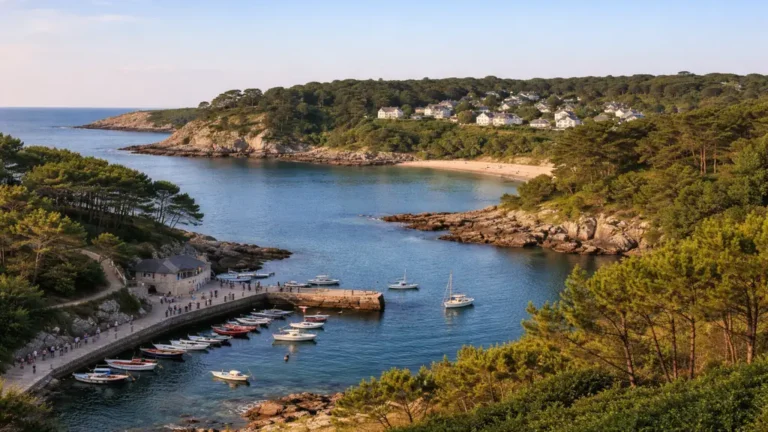 Vue panoramique de Moëlan-sur-Mer en Bretagne avec petit port, crique de sable, pins maritimes et maisons sur la côte rocheuse