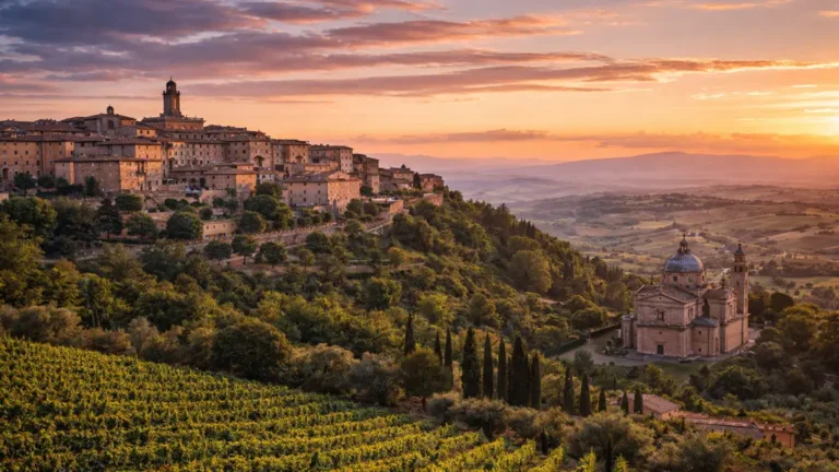 Vue panoramique de Montepulciano en Toscane au coucher du soleil avec vignobles, centre historique perché et temple de San Biagio