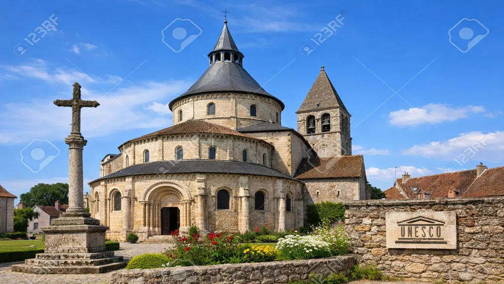 Vue de la basilique Saint-Étienne de Neuvy-Saint-Sépulchre avec sa rotonde romane, son clocher et son parvis dans le village de l’Indre