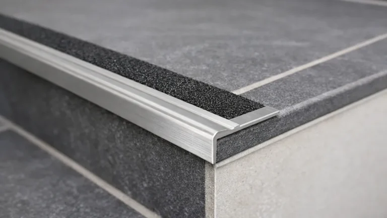 Nez de marche carrelage en aluminium avec bande antidérapante sur escalier carrelé gris