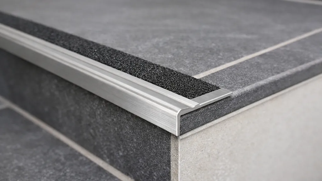Nez de marche carrelage en aluminium avec bande antidérapante sur escalier carrelé gris