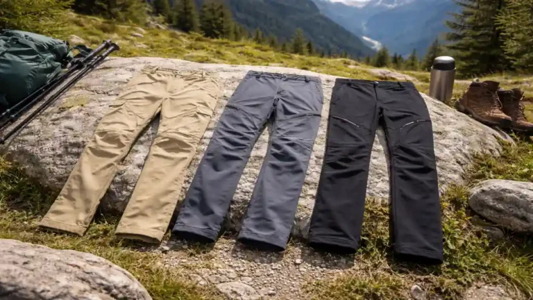 pantalons de randonnée posés sur un rocher en montagne avec sac à dos, bâtons et chaussures de trekking