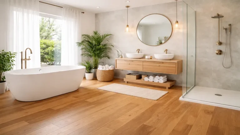 Vue réaliste d’une salle de bain moderne avec parquet en bois, baignoire îlot, douche à l’italienne et ambiance lumineuse