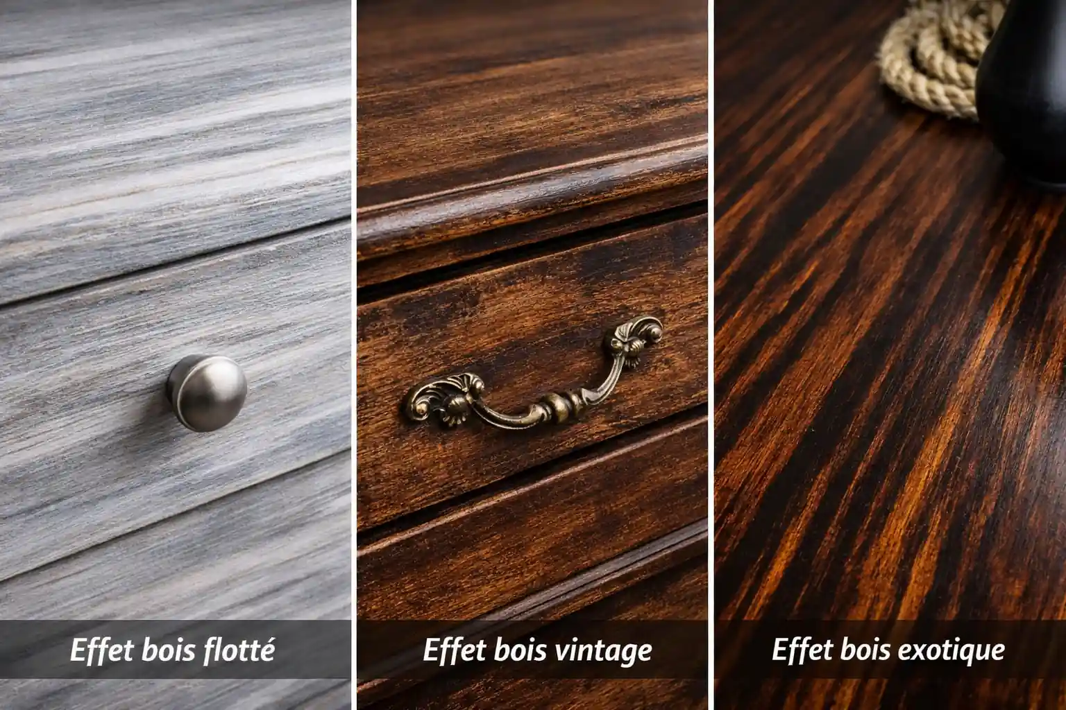 Comparatif visuel réaliste de trois rendus de peinture effet bois sur meuble : bois flotté, bois vintage et bois exotique