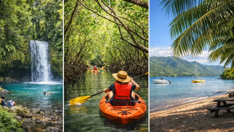 paysage de petit bourg guadeloupe avec cascade tropicale mangrove en kayak et littoral calme de basse terre