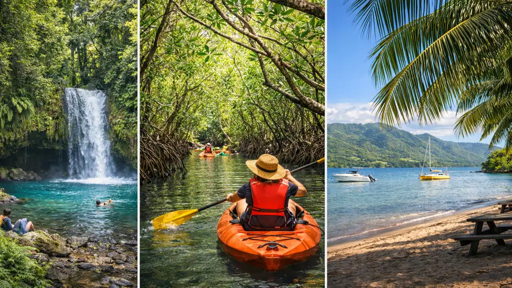 paysage de petit bourg guadeloupe avec cascade tropicale mangrove en kayak et littoral calme de basse terre