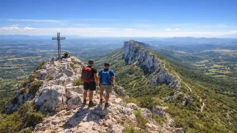 Vue panoramique depuis le Pic Saint-Loup dans l’Hérault, crête calcaire et garrigue avec la plaine de Montpellier au loin.