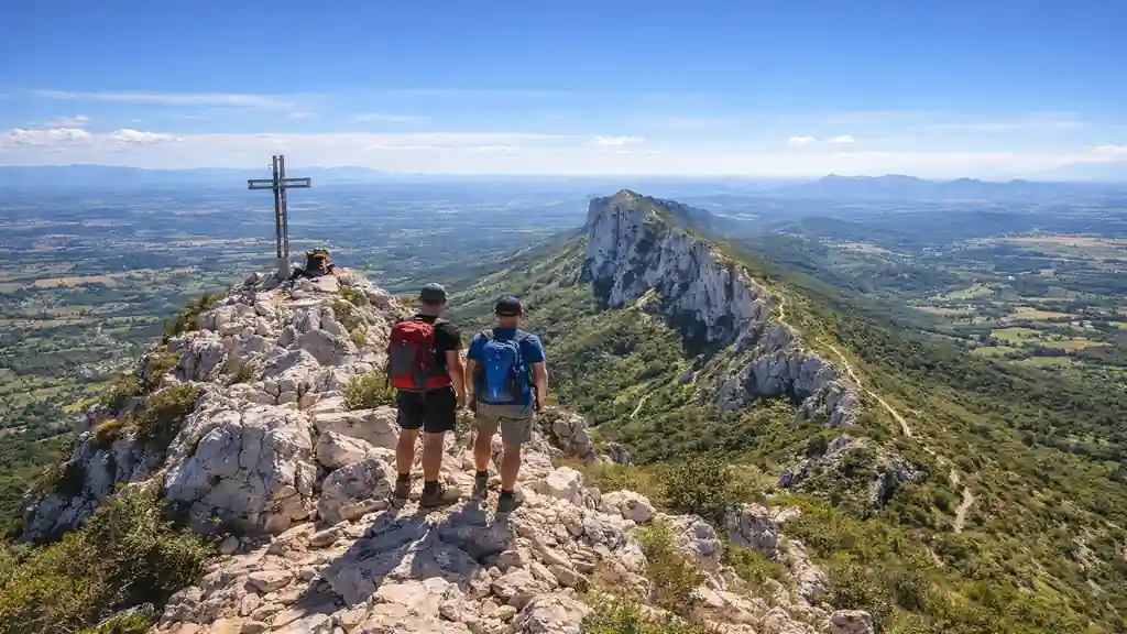 Vue panoramique depuis le Pic Saint-Loup dans l’Hérault, crête calcaire et garrigue avec la plaine de Montpellier au loin.
