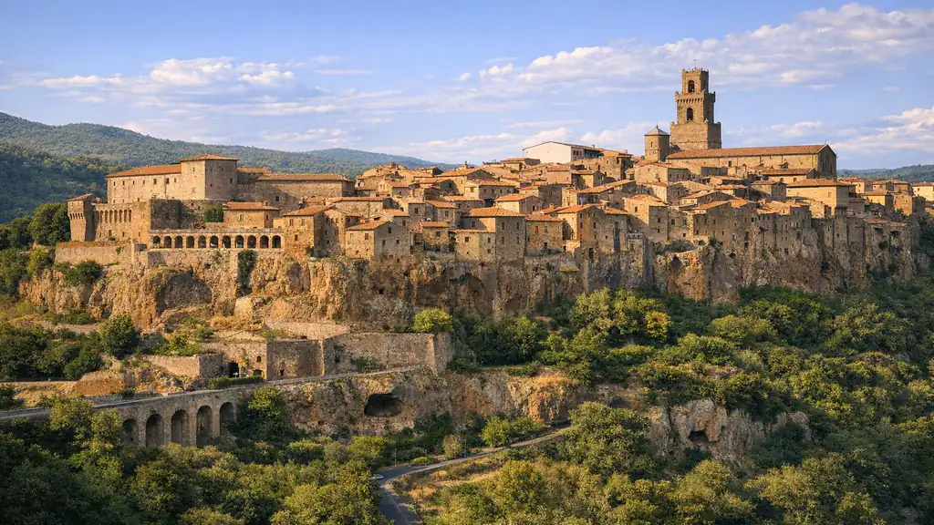 Vue réaliste de Pitigliano en Toscane avec le village médiéval perché sur sa falaise de tuf, ses maisons en pierre et son panorama spectaculaire