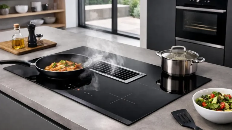 Plaque induction avec hotte intégrée sur îlot central dans une cuisine moderne, avec aspiration des vapeurs pendant la cuisson