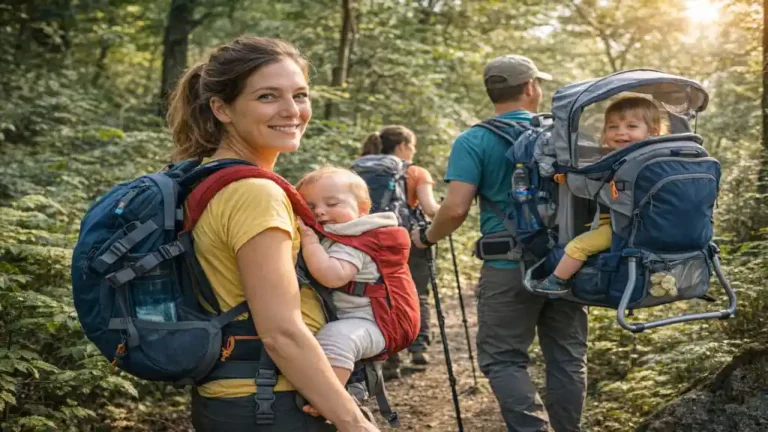 Parents en randonnée en forêt portant leurs bébés dans un porte-bébé physiologique et un porte-bébé dorsal de randonnée sur un sentier naturel.