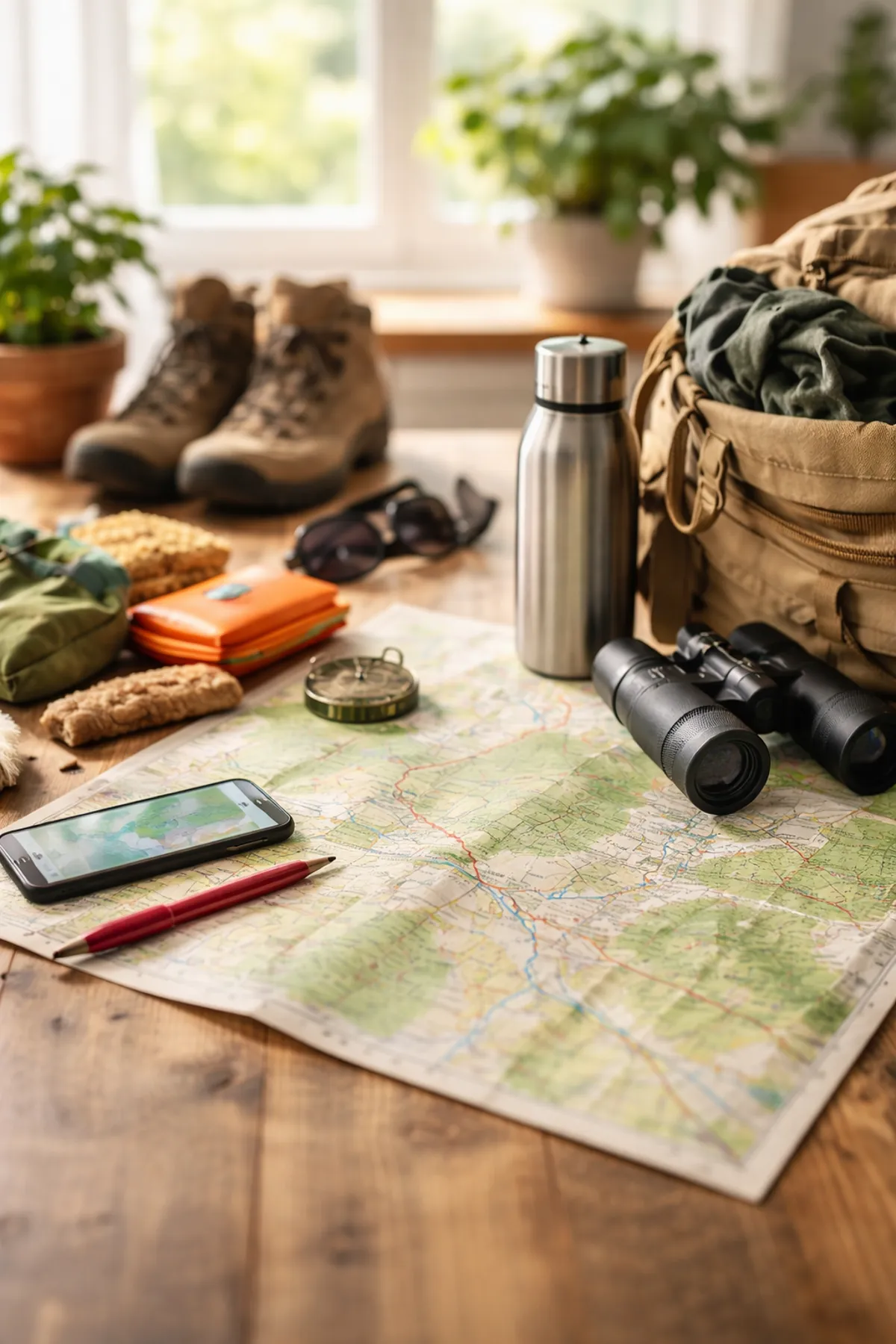 Équipement de randonnée posé sur une table avec carte, gourde, boussole et sac à dos dans une maison lumineuse, illustrant la préparation d’une sortie nature.