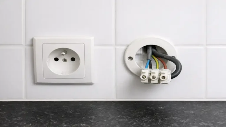 prise electrique dediee pour four avec sortie de cable sur mur de cuisine pour raccordement d un four encastrable