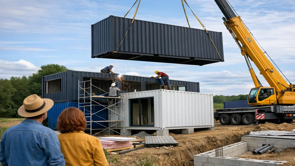 Maison container en cours de construction avec grutage de modules maritimes, fondations visibles et chantier résidentiel moderne